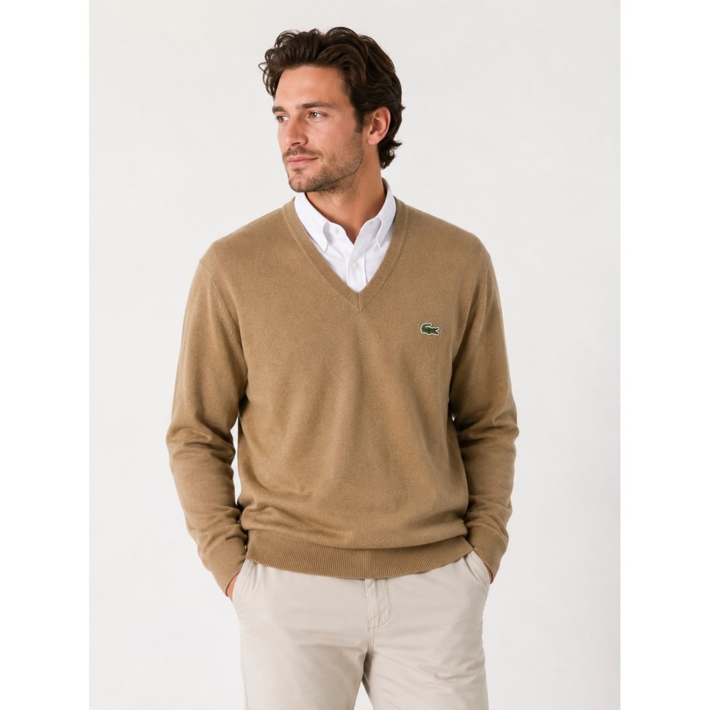 Izod Lacoste Sweater Mens XL Tan V-Neck Crocodile Logo Vintage 80s Preppy Ivy